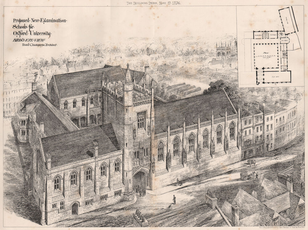 Oxford University examination schools. Basil Champneys Architect 1876 print